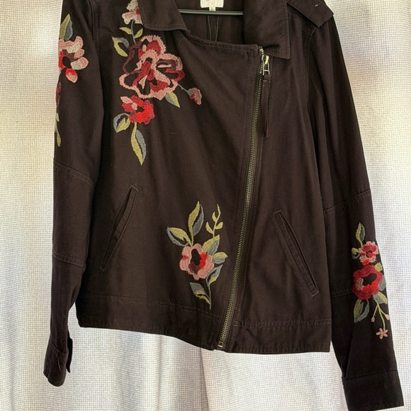 Kensie Black Floral Embroidered Moto Jacket Asymmetrical Zipper Size large - Picture 13 of 13